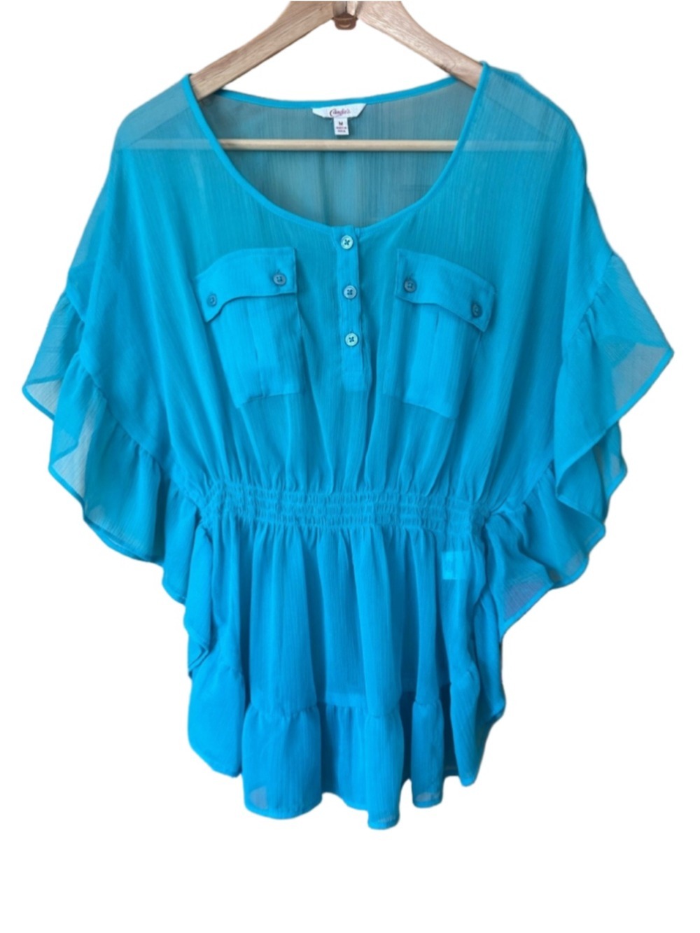 Candie's sheer Turquoise Ruffled Peasant Blouse size medium